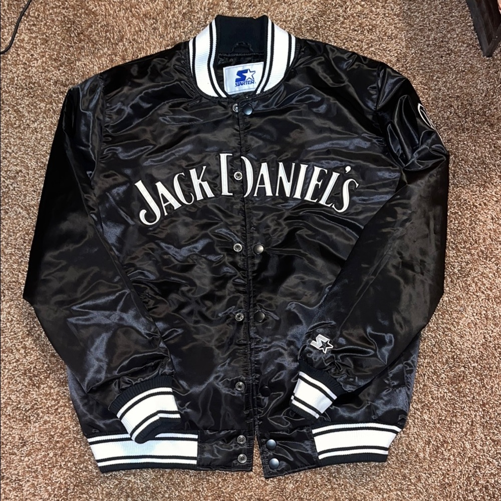 Jack Daniels Black and White Bomber Jacket Satin Varsity Style